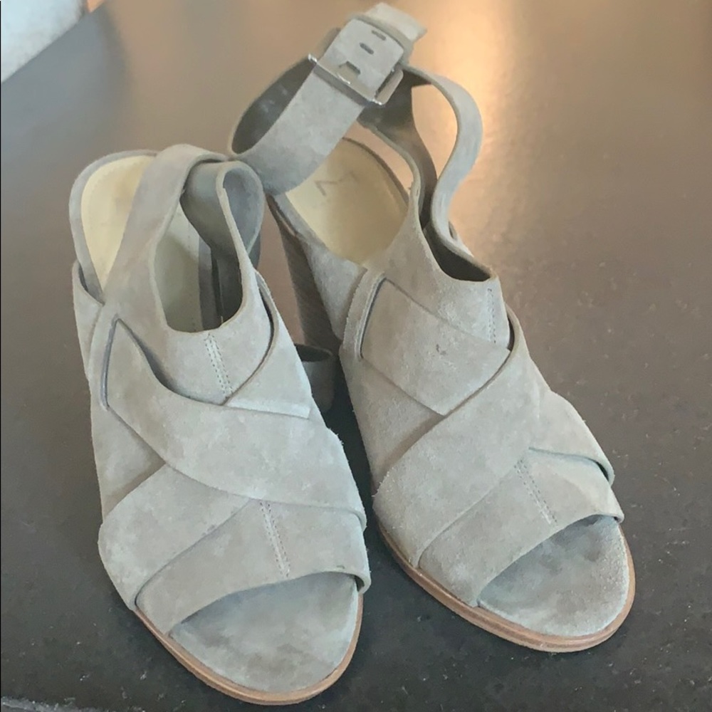 Taupe Suede Marc Fisher Stacked Heel Wrap Sandals